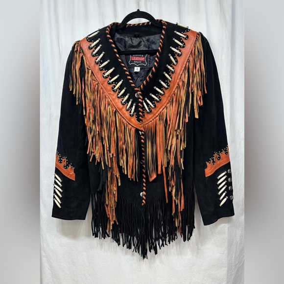 Vintage Native American Suede Fringe Hand Beaded Leather Jacket Womens Small - Picture 1 of 16